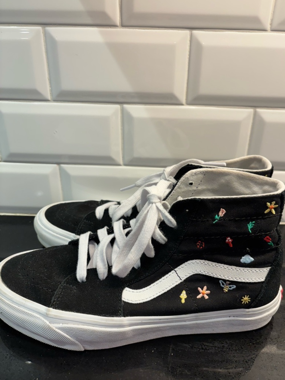 Vans Black White High-Top Sneakers with Multicolor Floral Embroidery